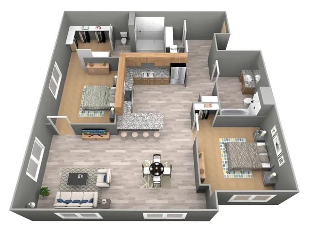 Modern 2D floor plan showcasing two elegant bedrooms, a spacious open-concept living and dining area, sleek kitchen with an island, and two stylish bathrooms.