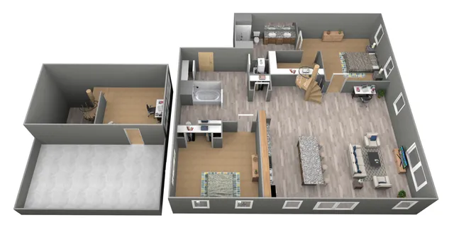 Modern 3D floor plan with two spacious bedrooms, an inviting open living area, sleek kitchen island, and a stylish home office. Ideal for comfortable living and entertaining.