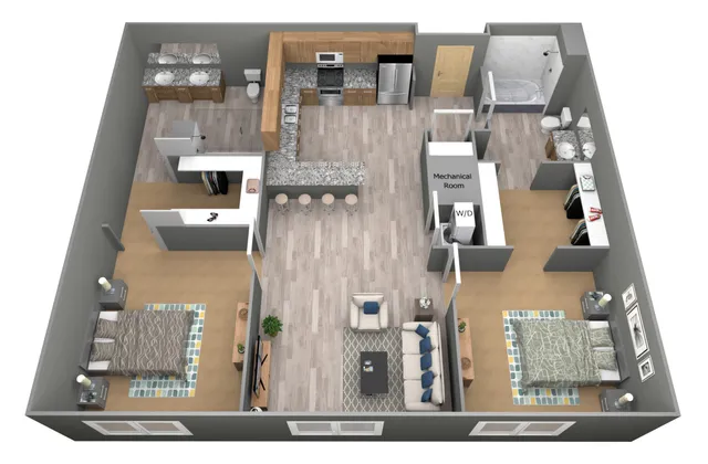 Modern 3D floor plan featuring two spacious bedrooms, an open kitchen with a stylish breakfast bar, cozy living room, and two elegant bathrooms.
