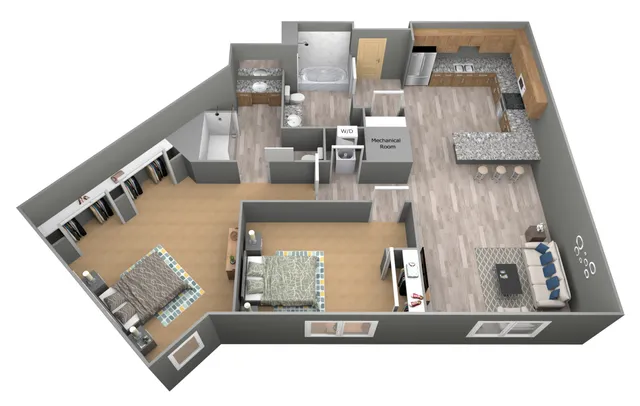 Modern 3D floor plan showcasing two bedrooms, an open living area with sleek kitchen design, and two elegant bathrooms.