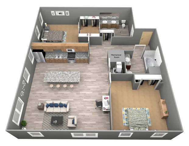 Modern 3D floor plan showcasing two bedrooms, an open kitchen with island seating, and a cozy living space, ideal for stylish urban living.