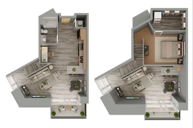 Elegant floor plan showcasing a spacious one-bedroom apartment with an open-concept living area, modern kitchen, and stylish bathroom.