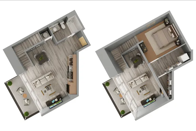 Modern multi-level floor plan showcasing a spacious living room, sleek kitchen, and comfortable bedroom with elegant decor.