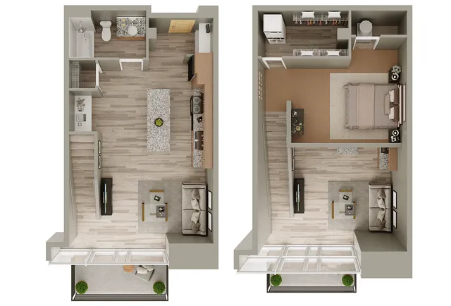 Modern two-level floor plan showcasing a spacious bedroom, sleek kitchen, cozy living area, and convenient bathroom, perfect for urban living.