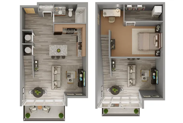 Modern 2-story apartment floor plan featuring an open-concept layout with a spacious living area, stylish kitchen, cozy bedroom, and office space. Inviting balconies on both levels provide relaxation and outdoor views.