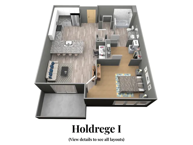 Modern Holdrege I floor plan with a spacious kitchen island, cozy living area, and inviting bedroom, designed for comfort and style.
