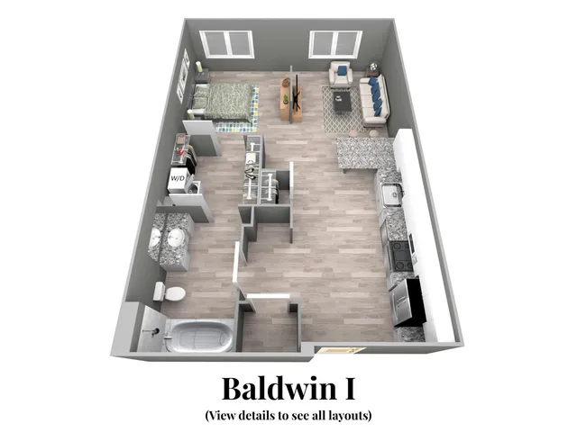 Chic Baldwin I floor plan showcasing one-bedroom layout with modern open-concept living area and stylish kitchen.
