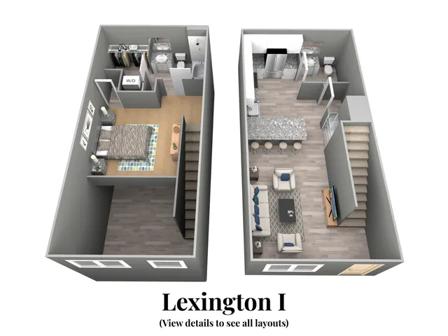 Chic Lexington I floor plan showcasing a modern two-story layout with a stylish open-concept kitchen, cozy living area, and spacious bedroom with en-suite bath.