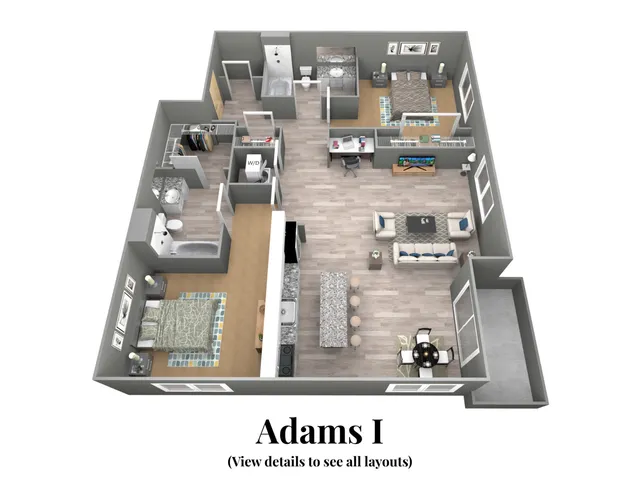 Modern 3D floor plan of \'Adams I\' featuring two bedrooms, a spacious open-concept living room with a kitchen island, and a cozy dining area.