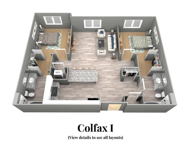 Colfax I 3D apartment floor plan featuring 2 bedrooms, 2 bathrooms, a modern kitchen with an island, and a cozy living area.