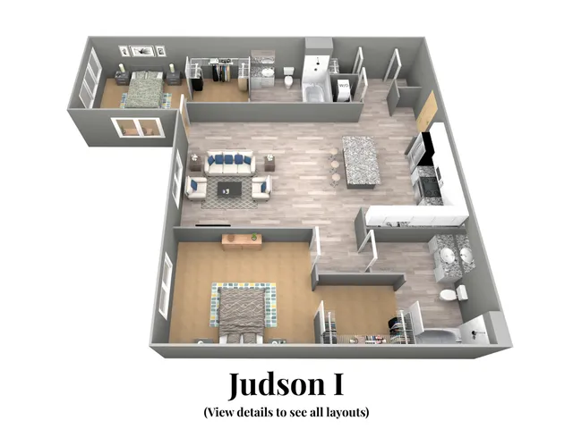 Sophisticated 3D floor plan of Judson I featuring two bedrooms, a modern kitchen, open living area, and spacious closets.