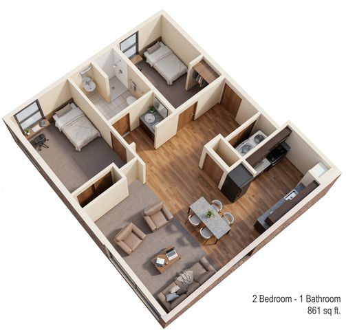 Chic 3D floor plan showcasing 2 bedrooms, 1 bathroom, open-concept living area, and modern kitchen, 861 sq ft.