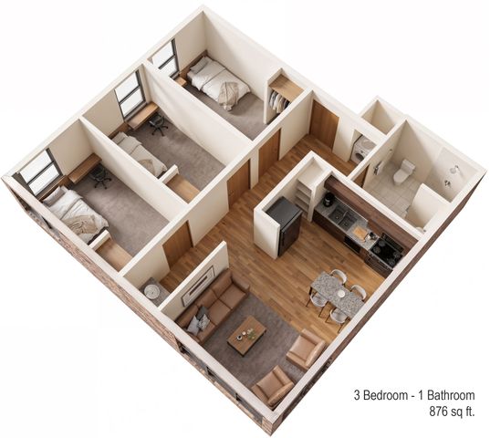 Modern 3-bedroom floor plan featuring an open living space, compact kitchen with dining area, and a cozy single bathroom, spanning 876 sq ft.