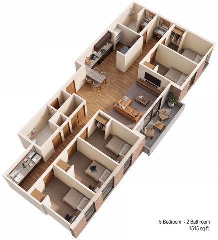 Modern 3D floor plan showcasing 5 bedrooms, 2 bathrooms, a cozy living room, and an open kitchen layout in 1515 sq ft.