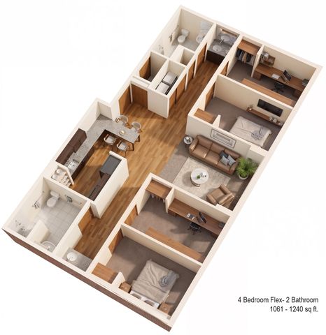 Contemporary 3D floor plan illustrating a 4 bedroom flex, 2 bathroom apartment with an inviting open-layout kitchen and cozy living area, spanning 1061 to 1240 sq ft.