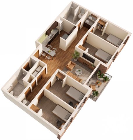 Modern 3D floor plan showcasing 3 bedrooms, inviting open-concept living area, sleek kitchen with dining space, and a cozy balcony.