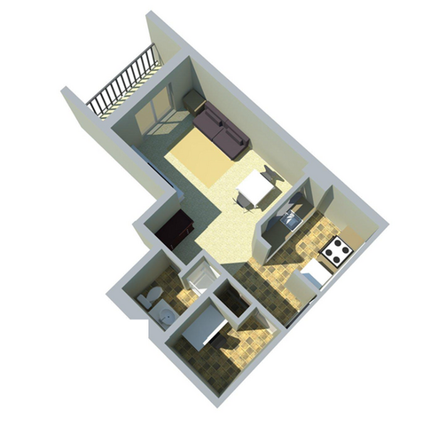 Modern 3D floor plan displaying a cozy apartment with a bright living area, compact kitchen, and sleek bathroom.