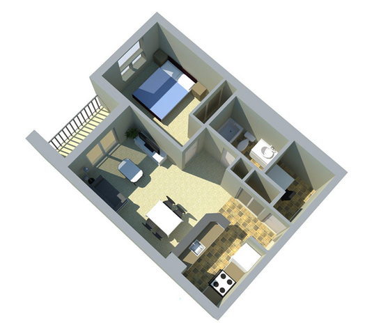 Charming 3D floor plan featuring a cozy one-bedroom apartment with an open-concept living area, modern kitchen, and private balcony access.