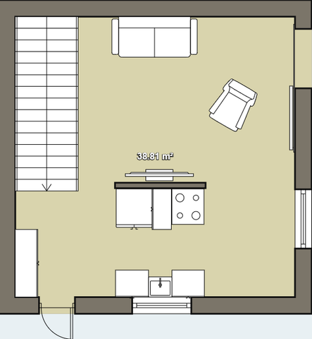 Modern open floor plan showcasing a stylish living area with a cozy seating arrangement and integrated kitchen, covering 38.81 square meters.