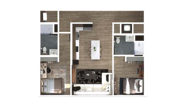 Modern floor plan showcasing a spacious 2-bedroom layout with an open living area, sleek kitchen with island, and two stylish bathrooms.