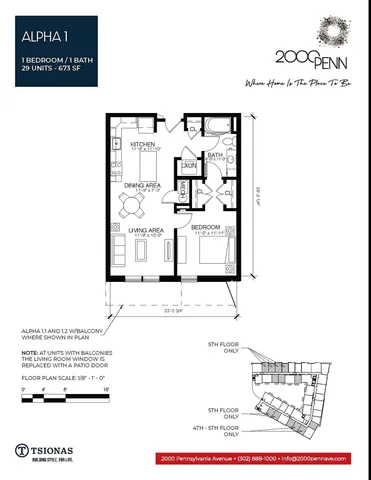 Modern Alpha 1 floor plan showcasing a stylish 1 bedroom, 1 bath layout with open living and dining area in 673 sq ft. Perfect urban living at 2000 Penn.