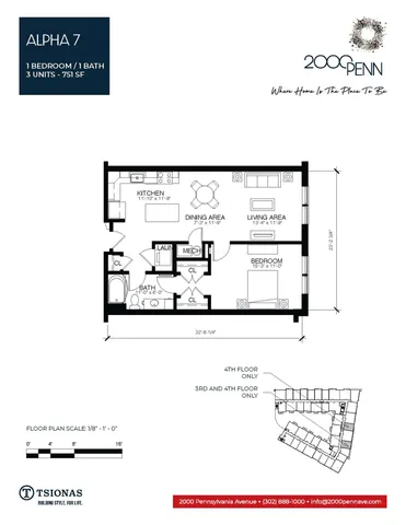 Alpha 7 floor plan featuring 1 bedroom and 1 bath with a spacious kitchen, dining area, and living space, totaling 751 square feet at 2000 Penn Avenue.