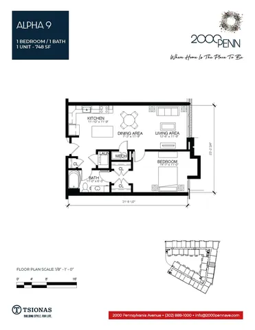 Alpha 9 efficient floor plan with 1 bedroom, 1 bath, spacious kitchen, dining area, and inviting living area, totaling 748 sq ft.