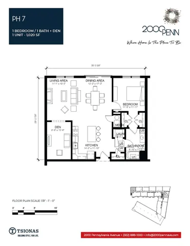 Elegant floor plan for PH 7 showcasing 1 bedroom, spacious den, open-concept living and dining areas, and a modern kitchen, totaling 1,020 sq ft.
