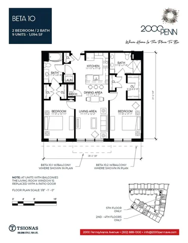 Elegant floor plan of Beta 10 showcasing 2 bedrooms, 2 baths, a modern kitchen, and open living area, spanning 1,094 sq ft at 2000 Pennsylvania Avenue.