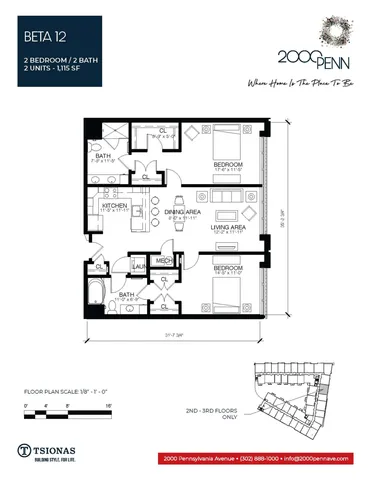 Beta 12 floor plan featuring a chic 2 bedroom, 2 bath layout with an inviting living area, modern kitchen, and dining space, spread across 1,115 sq ft.