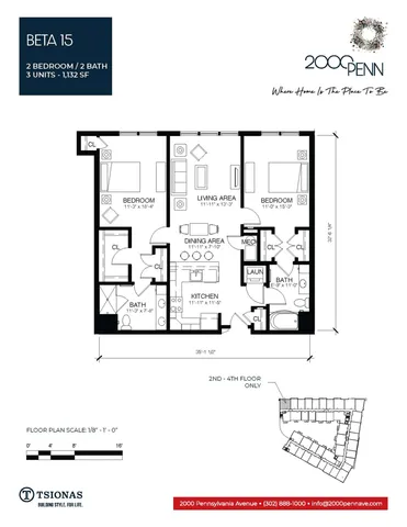 Beta 15 floor plan showcasing a spacious 2-bedroom, 2-bath layout with an integrated kitchen, living, and dining area, totaling 1,132 sq ft at 2000 Penn.