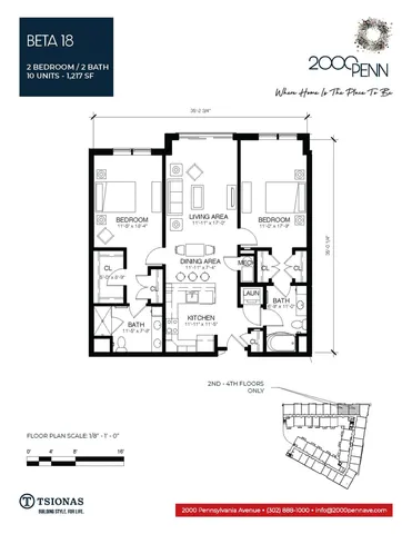 Exclusive Beta 18 floor plan showcasing a 2-bedroom, 2-bath unit with a spacious living area, modern kitchen, and dining space, covering 1,217 sq ft at 2000 Penn.