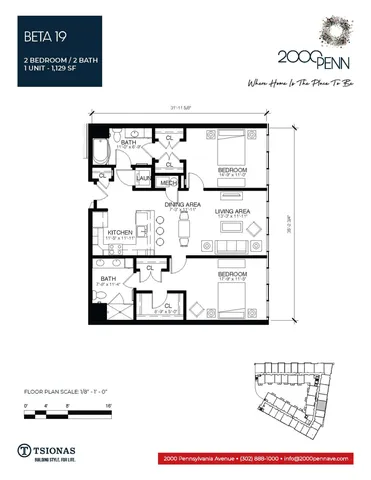 Sophisticated floor plan for Beta 19 featuring 2 spacious bedrooms and 2 modern bathrooms, including a well-equipped kitchen and open dining area, spanning 1,129 square feet.