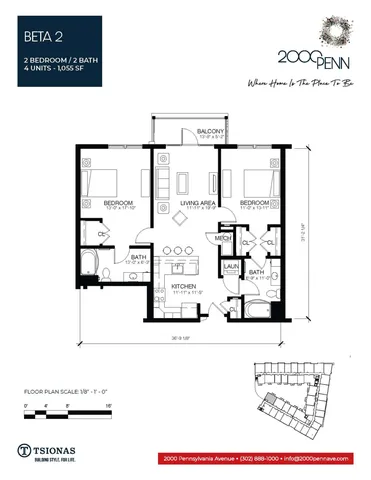 Modern Beta 2 floor plan featuring 2 bedrooms and 2 baths, spacious living area with balcony, and open kitchen layout, totaling 1,055 sq ft.