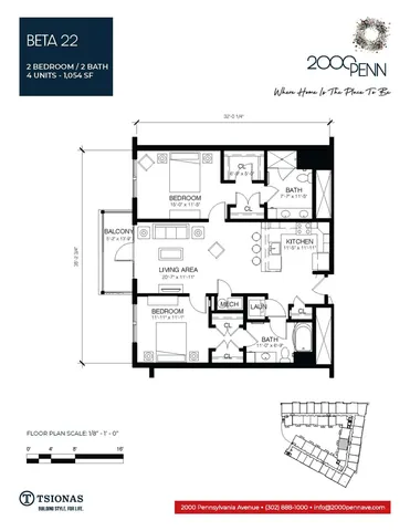 Modern Beta 22 floor plan showcasing a 2 bedroom and 2 bath layout, featuring a spacious living area and kitchen, with a cozy balcony, perfect for contemporary living. Total area 1,054 sq ft.