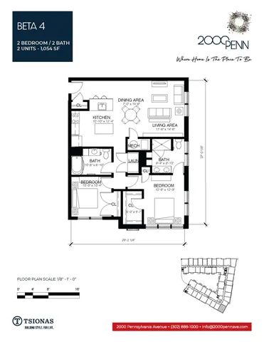 Modern Beta 4 floor plan featuring 2 spacious bedrooms, 2 baths, a sleek kitchen, and an inviting living area totaling 1,054 sq ft.