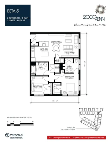 Sophisticated floor plan for Beta 5 featuring 2 bedrooms and 2 bathrooms, with a spacious living and dining area, and a modern kitchen, encompassing 1,079 sq ft.