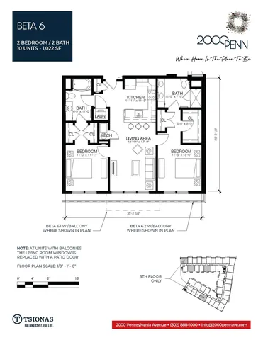 Modern floor plan for Beta 6, featuring 2 spacious bedrooms, 2 elegant bathrooms, an open-concept living area, and a sleek kitchen, spanning 1,022 sq ft in a stylish residential building.