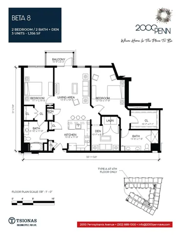 Chic floor plan illustrating a spacious 2 bedroom, 2 bath apartment with a den, open living area, and inviting kitchen space, totaling 1,356 sq ft.
