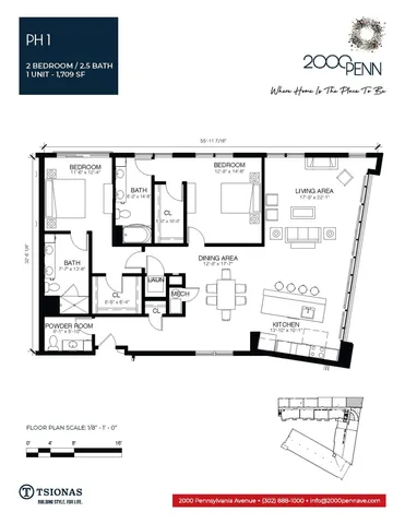 Elegant penthouse floor plan at 2000 Penn showcasing 2 bedrooms, 2.5 baths, expansive living and dining area, modern kitchen, and ample storage across 1,709 sq ft.