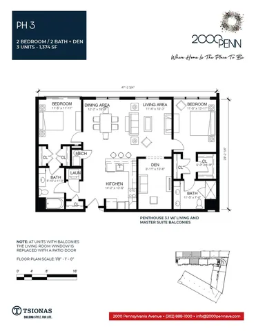Elegant floor plan of PH 3 featuring 2 bedrooms, 2 baths, and a versatile den within 1,374 sq ft. Includes a spacious living area, dining space, and modern kitchen, ideal for comfortable city living.