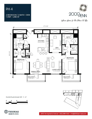 Elegant PH 4 floor plan with 2 bedrooms, 2 baths, and a den. Features a spacious living area, modern kitchen, and two balconies. Total area of 1,386 sq ft offering luxurious and comfortable living.