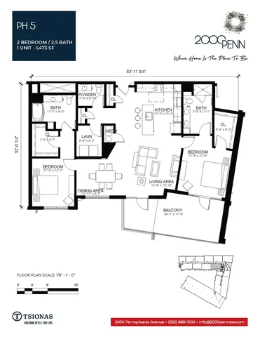 Elegant floor plan showcasing a luxurious 2-bedroom, 2.5-bath unit with open-concept living and dining area, spacious kitchen, and a generous balcony. Prime layout in 1,473 sq ft.