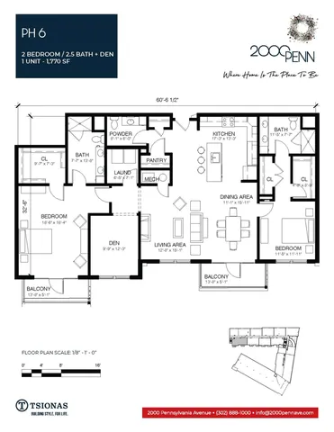 Elegant floor plan for PH 6 featuring 2 bedrooms, 2.5 baths, a den, open-concept living area, spacious kitchen, and dual balconies, totaling 1,770 sq ft.
