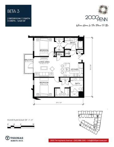 Modern floor plan for Beta 3 model at 2000 Penn showcasing 2 bedrooms, 2 bathrooms, spacious living area, kitchen, and balcony within 1,023 sq ft.