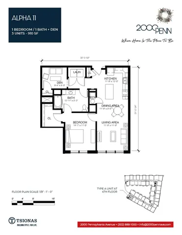 Elegant Alpha 11 floor plan featuring 1 bedroom, 1 bath, cozy den, and open-concept kitchen with dining and living areas, spanning 910 sq ft, ideal for modern living at 2000 Pennsylvania Avenue.