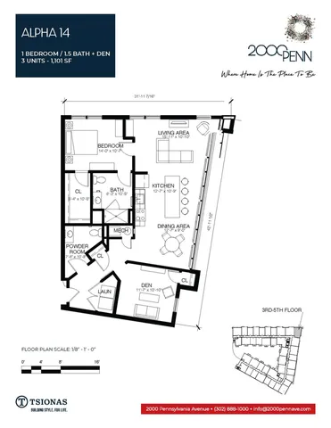 Contemporary Alpha 14 floor plan featuring 1 bedroom, 1.5 baths, and a versatile den across 1,101 sq ft, designed for modern living.