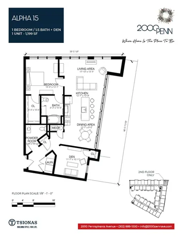 Modern Alpha 15 floor plan featuring 1 bedroom, 1.5 baths, and a den in a spacious 1,199 sq ft layout. Includes an open-concept living area, well-appointed kitchen, and dining space for effortless entertaining.