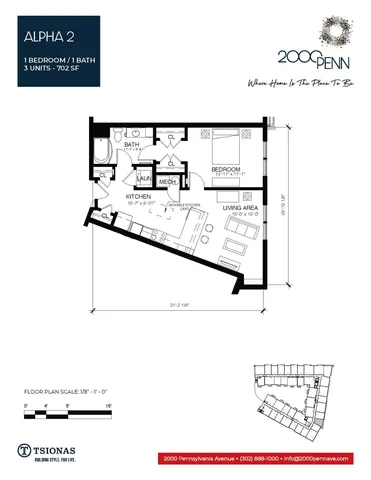 Alpha 2 floor plan at 2000 Penn featuring a modern 1-bedroom, 1-bath layout with open kitchen and living area, spanning 702 sq ft.