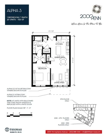 Alpha 3 floor plan showcasing a sleek 1-bedroom, 1-bath apartment with open-concept kitchen and dining area, laundry, and spacious living area in 720 sq ft. Includes balcony options for units on various floors.